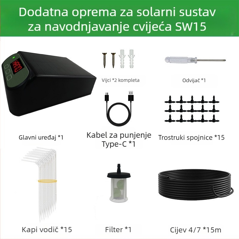 Sustav kapljičnog navodnjavanja - solarnim napajanjem, automatsko vremensko navodnjavanje, anti-sifon, PVC materijal, vanjski izvor vode