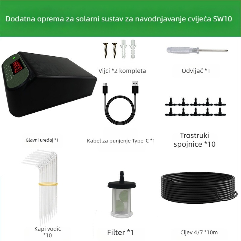 Sustav kapljičnog navodnjavanja - solarnim napajanjem, automatsko vremensko navodnjavanje, anti-sifon, PVC materijal, vanjski izvor vode