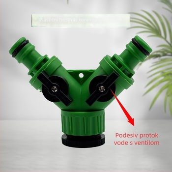 Zeleni plastični razvodnik za vrtni slavinu, s dva izlaza, navoj 1/2–3/4 inča