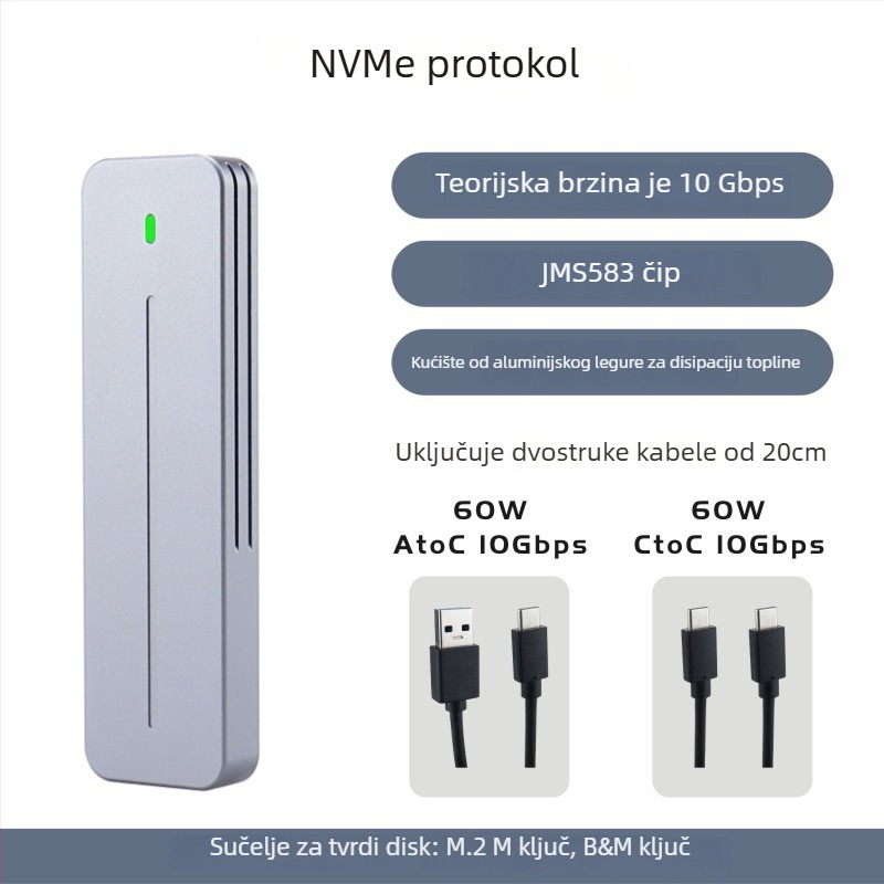 Vanjska kutija za M.2 NVMe – JMS583, USB 3.2 Gen2 10Gbps, aluminijska legura, podržava do 4TB