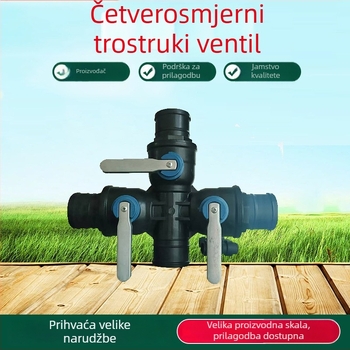 Sustav navodnjavanja kap-po-kap: glavna linija s 3‑putnim i 4‑portnim ventilem, PP+POM, visok protok, široko pokriće, jednoliko raspršivanje; pogodan za kućne vrtove, poljoprivrednu proizvodnju, javne zelene površine i hortikulturu, protiv pijeska