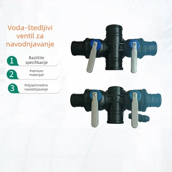 Sustav navodnjavanja kap-po-kap: glavna linija s 3‑putnim i 4‑portnim ventilem, PP+POM, visok protok, široko pokriće, jednoliko raspršivanje; pogodan za kućne vrtove, poljoprivrednu proizvodnju, javne zelene površine i hortikulturu, protiv pijeska