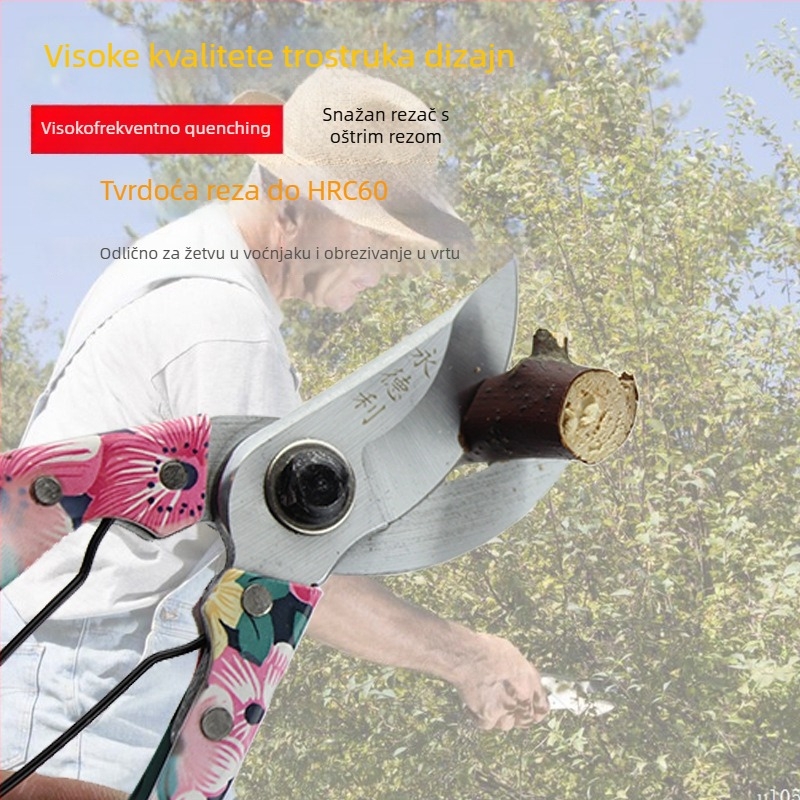 Vrtne škare za podrezivanje grana – 65Mn čelik, kromirana površina, TPR držak, dizajn velike glave
