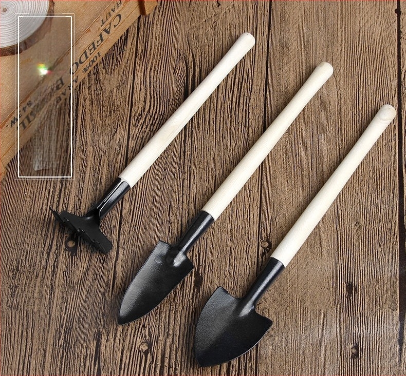 Trodjelni set alata za sukulentne biljke; uključuje lopatu i grabljicu.