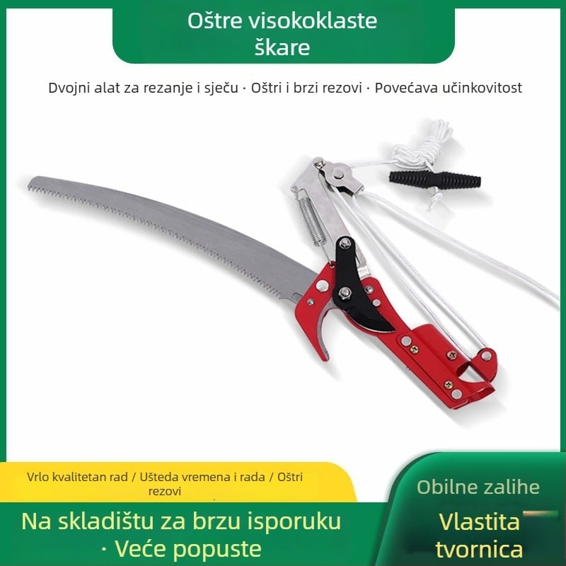 Škare za visoke grane s 2‑u‑1 pilom, teleskopskim dometom, sustavom kladki, najlonskom užetom, aluminijskom ručkom
