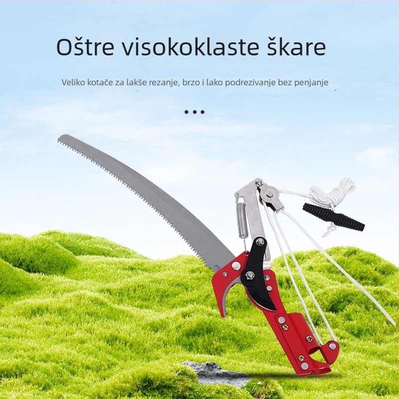 Škare za visoke grane s 2‑u‑1 pilom, teleskopskim dometom, sustavom kladki, najlonskom užetom, aluminijskom ručkom