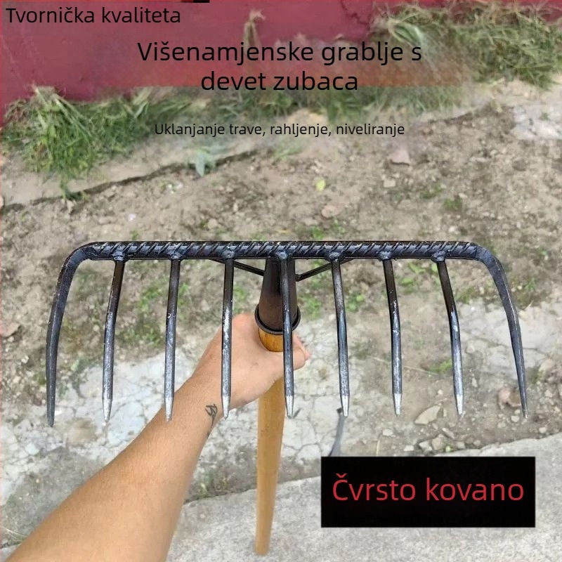 Željezna vrtna grablja s devet zuba za izravnavanje i prozračivanje tla, višenamjenska grablja za travnjak i vrt