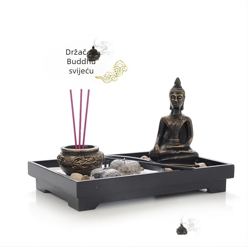 Zen inspirirana Buddha statua, ukras s držačem za tamjan i stolni mikropejzaž, izrađeno od sintetičke smole.