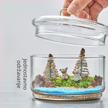 Terrarium s živim mahom — mikropejzaž mahom u staklenu posudu od borosilikatnog stakla, DIY unutarnja dekoracija