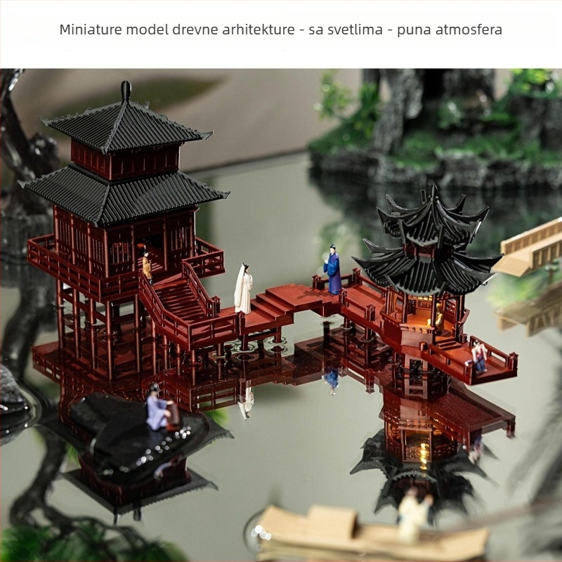 Osvijetljeni mini pejzaž s vodnim i suhim dijelom, 3D-otisnati plastični bonsai ukras, kineski stil paviljon