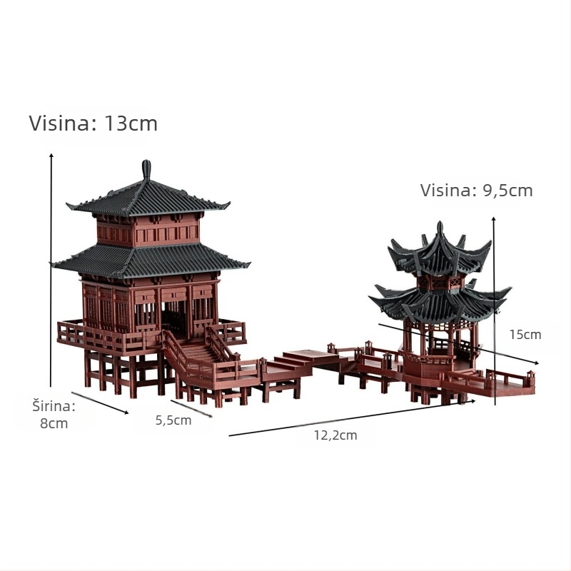 Osvijetljeni mini pejzaž s vodnim i suhim dijelom, 3D-otisnati plastični bonsai ukras, kineski stil paviljon