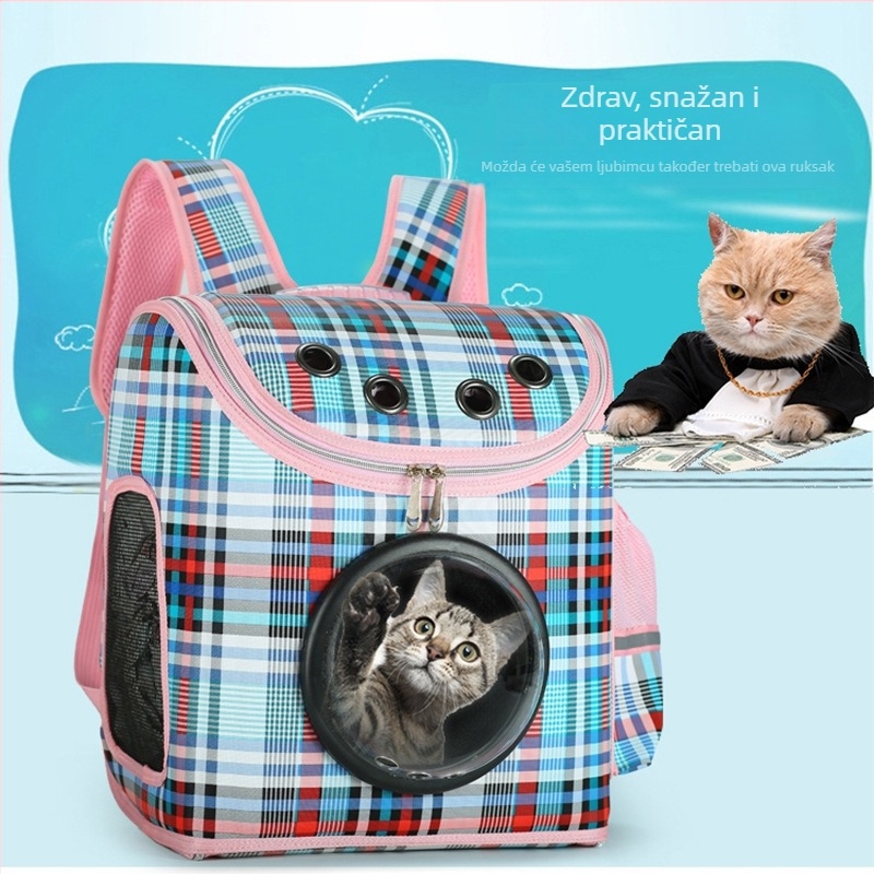Torba za mačke u obliku svemirske kapsule – sklopiva, prozračna, Oxford materijal, 5 kg kapacitet, karirani uzorak, čvrsta konstrukcija