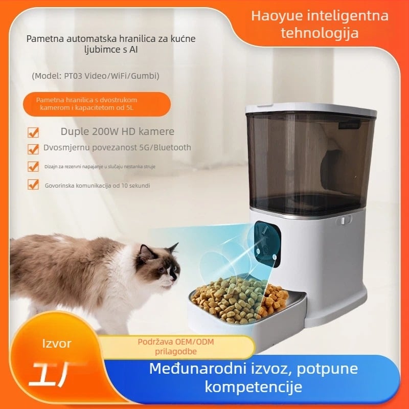 PT03 AI pametna posuda za hranjenje ljubimaca s kamerom, upravljanje putem aplikacije i vremenski porcijski režim, za pse i mačke, 1,7 kg
