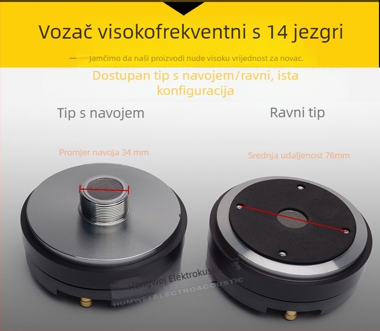 Tweeter pogonska glava s rogom HWQD44-01, 40W, 6Ω, 2–18 kHz, osjetljivost 110 dB