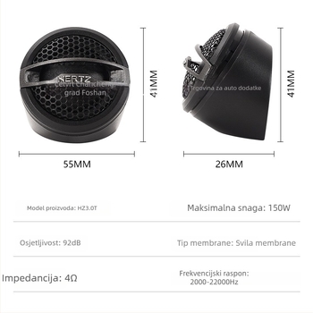 Automobilski visokotonac Hz 3.0t, 4Ω, 12V, raspon frekvencija 2000-22000 Hz, osjetljivost 92 dB
