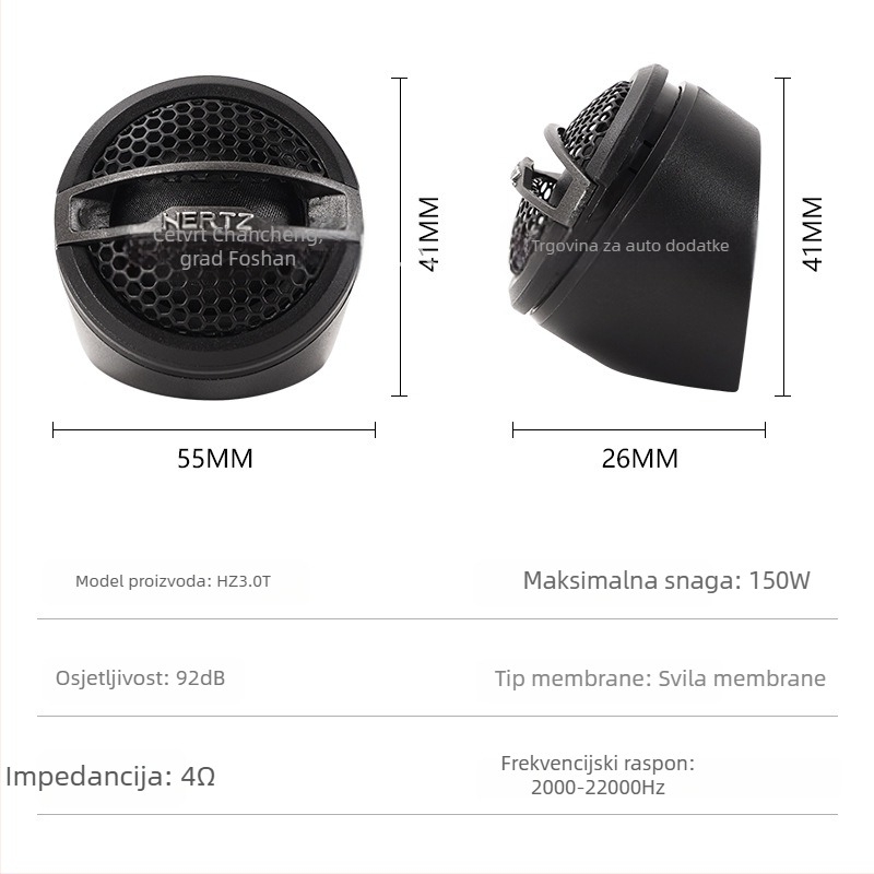 Automobilski visokotonac Hz 3.0t, 4Ω, 12V, raspon frekvencija 2000-22000 Hz, osjetljivost 92 dB