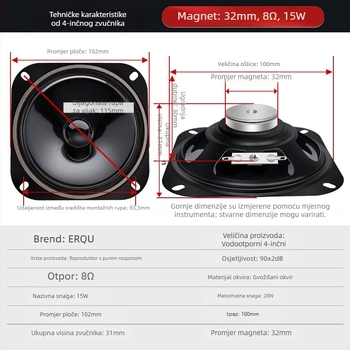 ERQU koaksijalni kompozitni zvučnik, membrana od nepapirnog materijala, vanjski magnetski krug, smjer NS, frekvencijski opseg 96 Hz–11 kHz