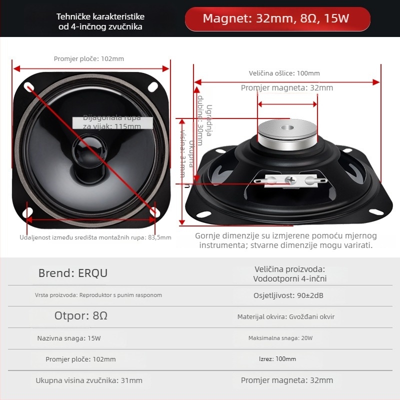 ERQU koaksijalni kompozitni zvučnik, membrana od nepapirnog materijala, vanjski magnetski krug, smjer NS, frekvencijski opseg 96 Hz–11 kHz