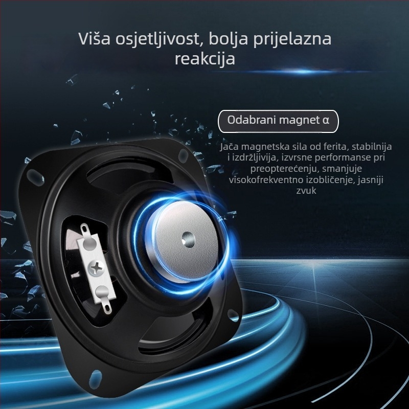 ERQU koaksijalni kompozitni zvučnik, membrana od nepapirnog materijala, vanjski magnetski krug, smjer NS, frekvencijski opseg 96 Hz–11 kHz