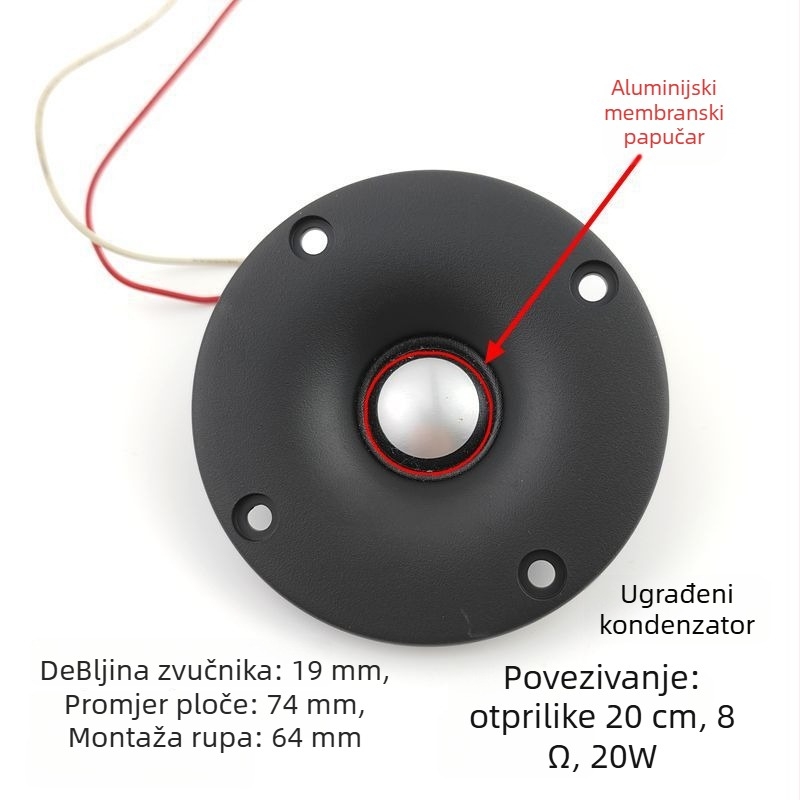 Panelni visokotonac s titanijskom membranom, vanjski magnetski krug, 8 Ω, 20 W, ugrađeni kondenzator