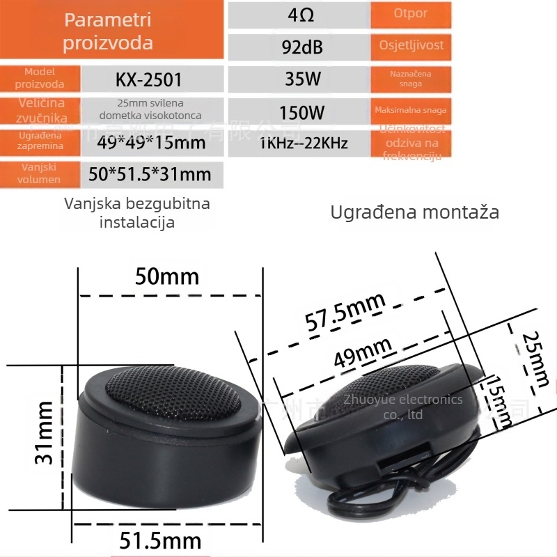 Automobilski tweeter KX-2501, universalna kompatibilnost, impedancija 4 Ω, 92 dB SPL