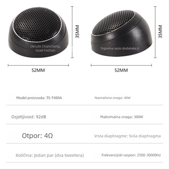 Automobilski tweeter Ts-T480A, 4 Ω, osjetljivost 92 dB, kompatibilan s 19-23 Lingpai Xiangyu