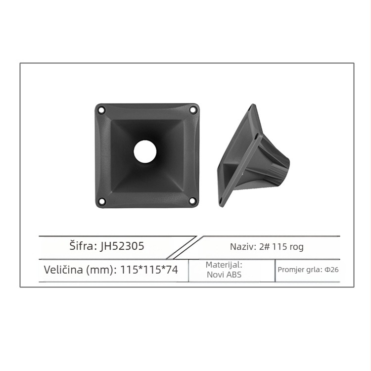 Audio dodatak: tweeter rog Huabin, model 2# Horn 115, grlo 26 mm, ABS plastika
