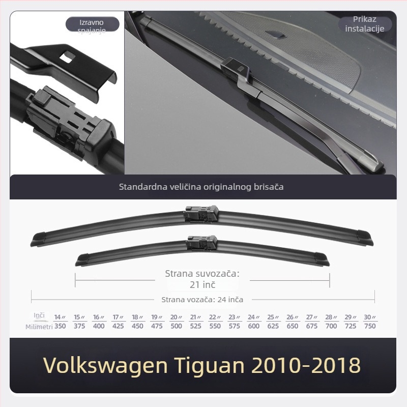 Prednje i stražnje brisače za Volkswagen Tiguan, bez okvira, kompatibilni s modelima 2010–2012 (HD)