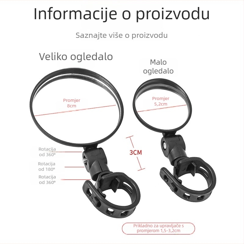 Zadnje ogledalo za električni bicikl, podesivo, sferično ogledalo, plastično kućište, staklo ogledalo, kompatibilno s univerzalnim električnim biciklima