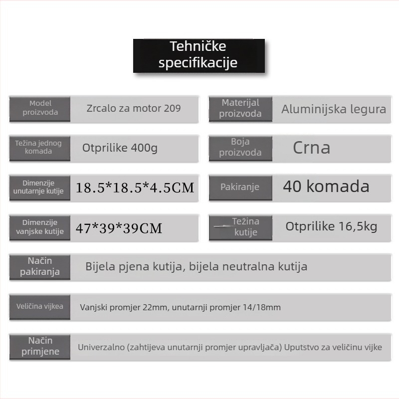 Zadnje ogledalo motocikla SL-001, sferično staklo, kompatibilno s 7/8 upravljačem, dio 209