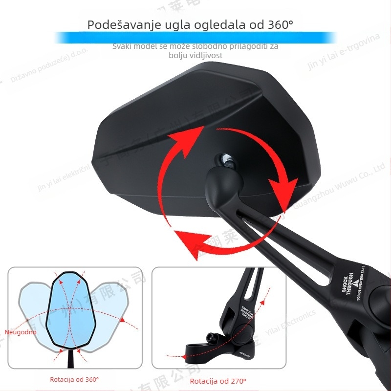 Univerzalni retrovizor za električni motocikl, kućište od aluminijskog legura, kvadratno ogledalo, model Hsj-20118, kompatibilan s M8/M10