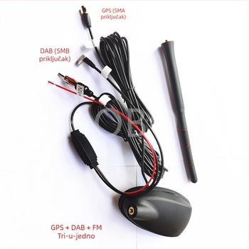 Automobilska antena GPS/DAB/FM, 3-u-1 – aktivna antena s pojačanjem; navojna montaža; 12V napajanje