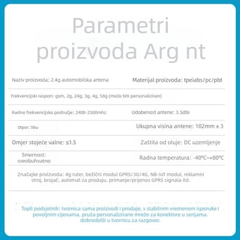 Omnidirekcionalna antena 2,4 GHz, dobitak 3 dBi, impedancija 50 Ω, kabel 3 m, držač sa usisnom čašom
