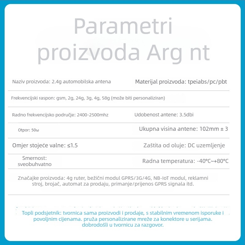 Omnidirekcionalna antena 2,4 GHz, dobitak 3 dBi, impedancija 50 Ω, kabel 3 m, držač sa usisnom čašom