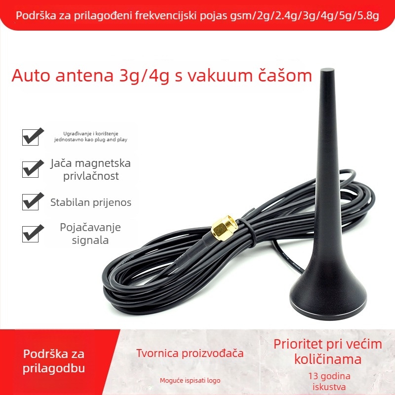 Omnidirekcionalna antena 2,4 GHz, dobitak 3 dBi, impedancija 50 Ω, kabel 3 m, držač sa usisnom čašom