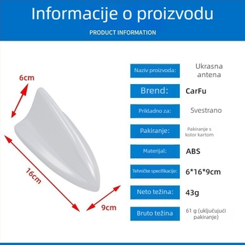 Auto dekorativna antena s dizajnom shark fin, univerzalna, montaža ljepilom, duga trajnost