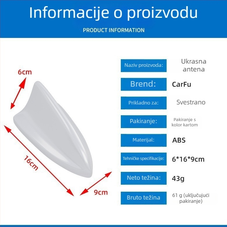 Auto dekorativna antena s dizajnom shark fin, univerzalna, montaža ljepilom, duga trajnost