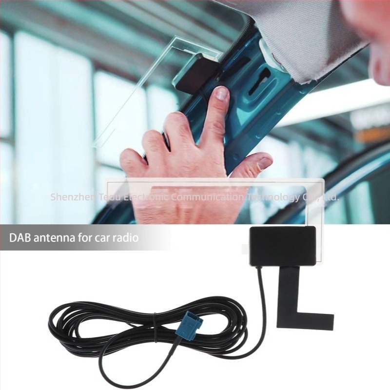 DAB automobilna antena za radio, montaža na staklo, univerzalna kompatibilnost, napajanje 5–12V, 75Ω impedancija, dobitak Band III 15dB±3dB, L-Band 18dB±3dB