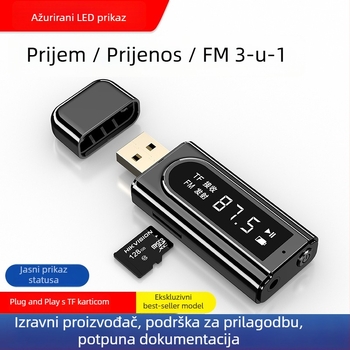 USB automobilni FM Bluetooth transmiter s MP3 reproduciranjem i AUX izlazom, stereo dvostruki izlaz, Bluetooth 5.0, model OMS-K9, USB-AUX sučelje, plug‑and‑play, vanjsko napajanje