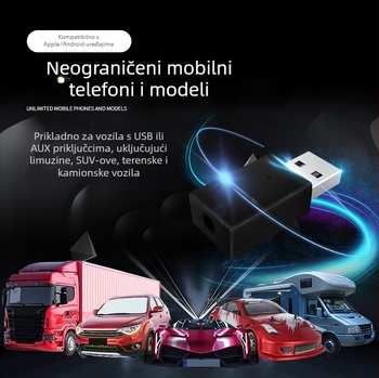 USB dvostruki izlaz automobilski Bluetooth 5.4 prijemnik, model E7, USB sučelje, Plug and Play, bez vanjskog napajanja, domet do 10 m
