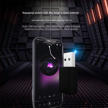 USB dvostruki izlaz automobilski Bluetooth 5.4 prijemnik, model E7, USB sučelje, Plug and Play, bez vanjskog napajanja, domet do 10 m