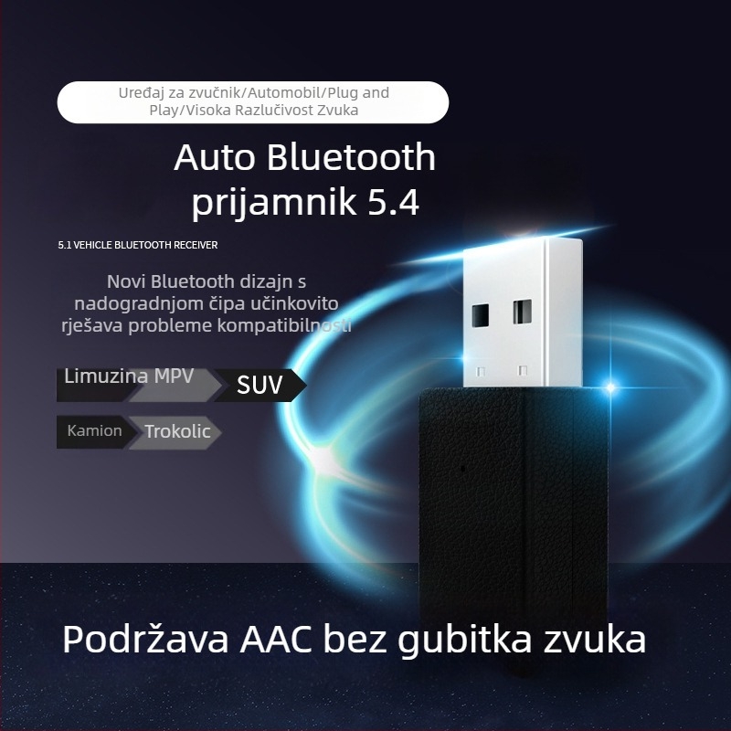 USB dvostruki izlaz automobilski Bluetooth 5.4 prijemnik, model E7, USB sučelje, Plug and Play, bez vanjskog napajanja, domet do 10 m