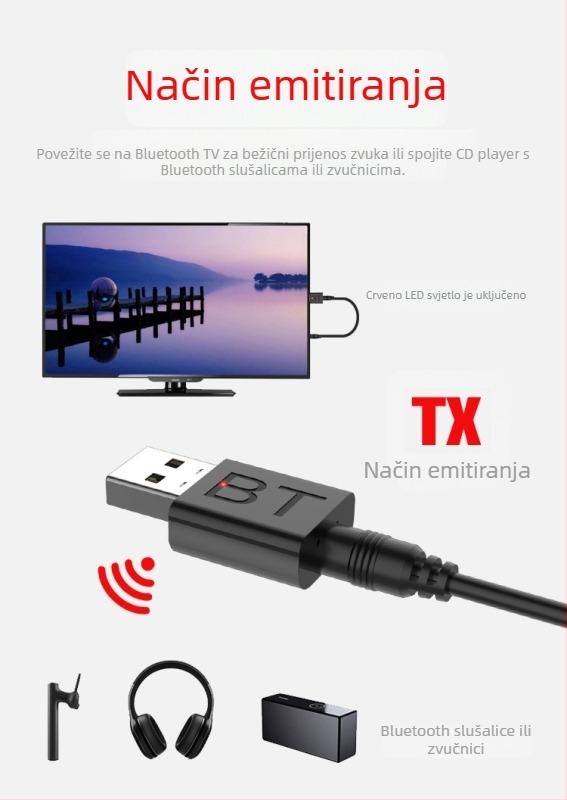 USB Bluetooth 5.0 audio prijemnik-emitator 2 u 1 | Sučelje USB/3.5mm, Plug-and-Play, Vanjsko napajanje, Raspon do 10 m