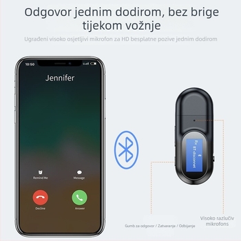 USB Bluetooth 5.0 audio adapter za automobil — USB/AUX sučelje, LCD zaslon, Hands-free pozivi