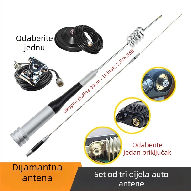 Automobilska antena 7200 s klipom i vakuum čašicom, visok dobitak 3.5–6.0 dB, raspon frekvencija 136–174/400–520 MHz, impedancija 50 Ω