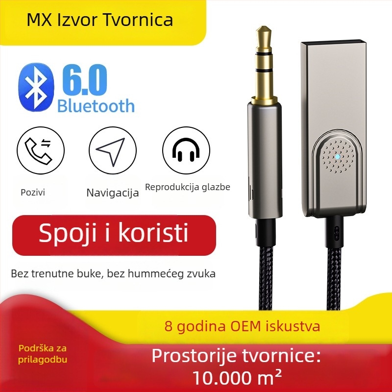 Bluetooth 6.0 auto audio prijemnik/emitator s ugrađenim mikrofonom i 3,5 mm stereo izlaz