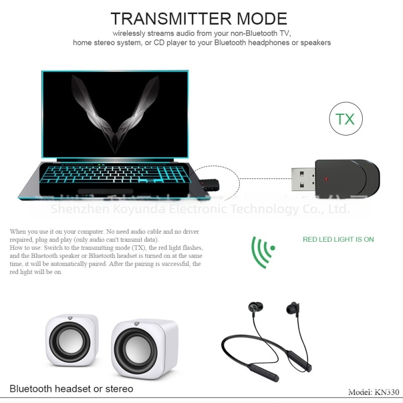 USB Bluetooth 5.0 audio transmiter i prijemnik, 2-u-1 za Switch, PC, TV i auto – model KN330, Plug & Play, USB audio sučelje, domet 10 m