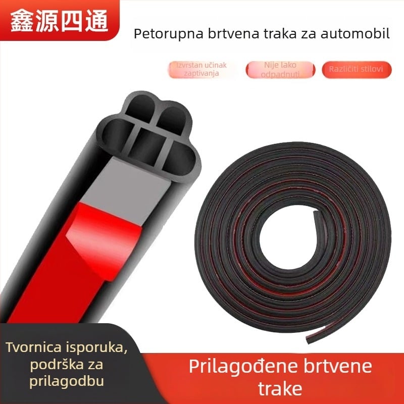 Automobilska brtvа s ljepilom za zvučnu izolaciju, petdijelni dizajn za rubove vrata; gumeni materijal, debljina 5 mm; za vrata, A-stup, B-stup, prtljažnik, prednji poklopac; kompatibilno sa svim modelima