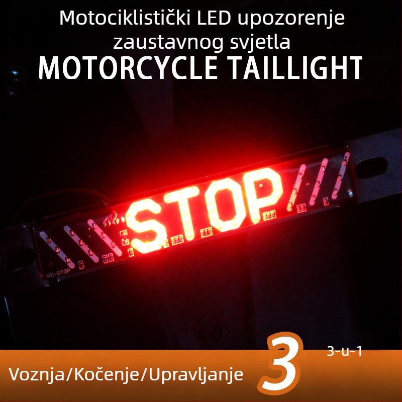 LED stražnje svjetlo za motocikl – kočnica, pokazivanje smjera i svjetlo za registarsku pločicu; univerzalna kompatibilnost; model Stop; Zhiguangyang