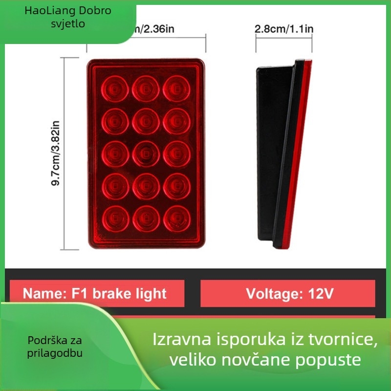 LED stražnje svjetlo za auto i motocikl, kvadratno s 15 LED lampama, 5W, 12V, 2835 LED, vijek trajanja 30.000 h